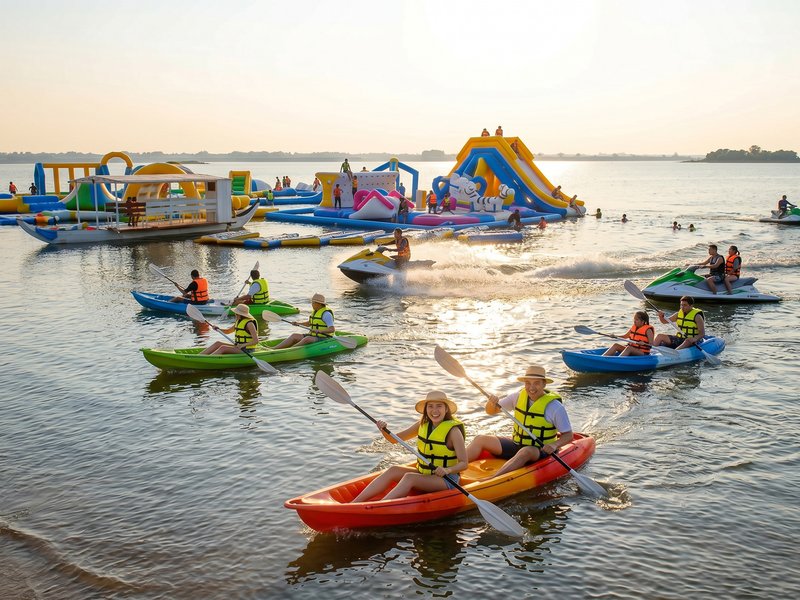 ម៉ូតូទឹក Jet Ski និងទូក Kayak លើផ្ទៃទន្លេ កោះខ្សាច់មាស